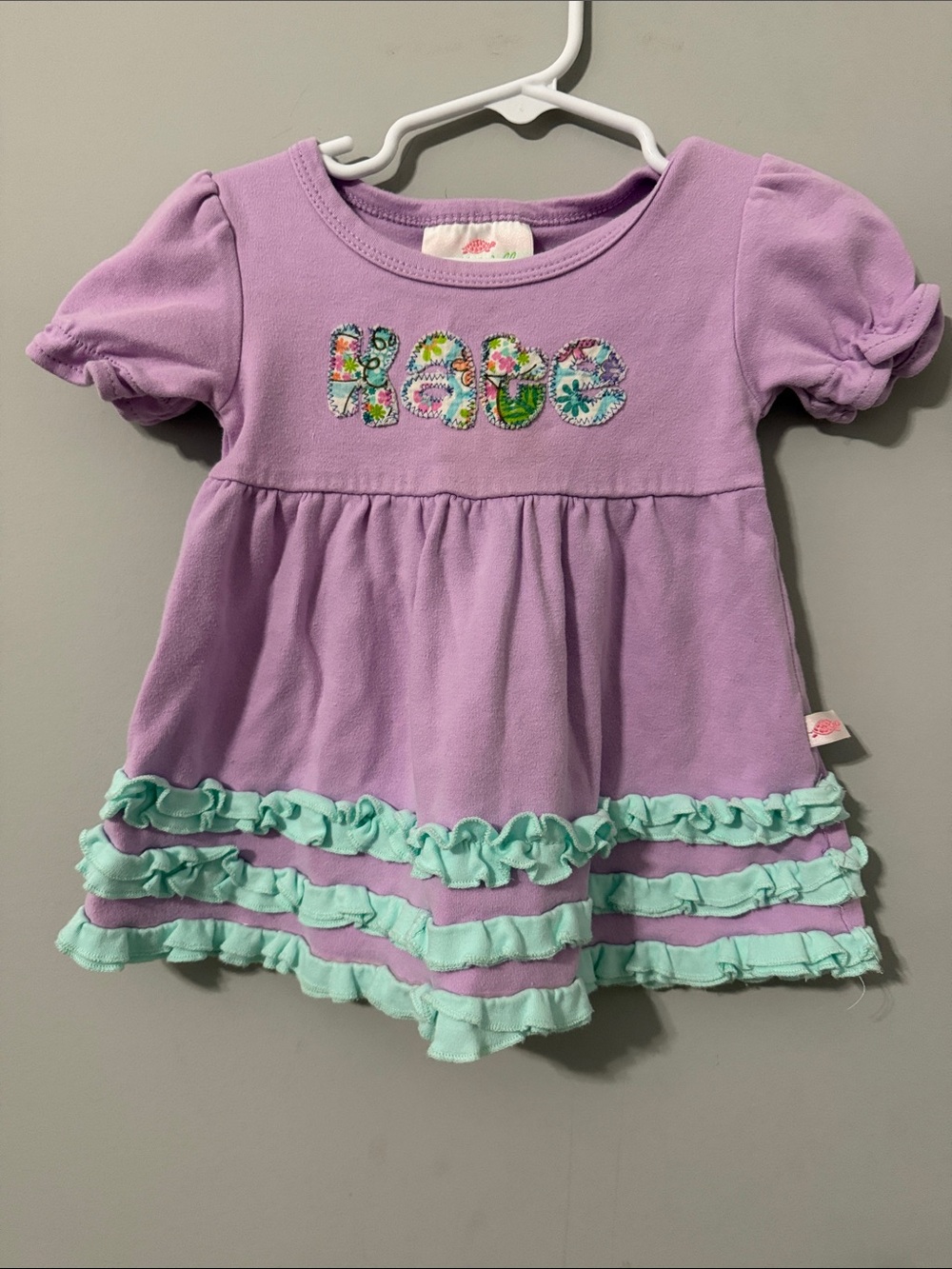 Lolly Wolly Doodle Lavender Dress with Mint Ruffle Trim with appliqué “Kate”
